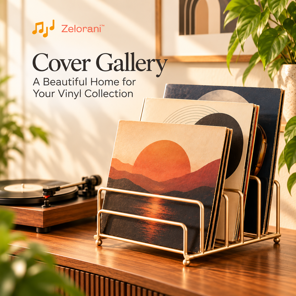 Zelorani™ Cover Gallery – Modern Multi-Slot Vinyl Record Display Stand, Minimalist Metal Album Cover Organizer for Turntable Corners