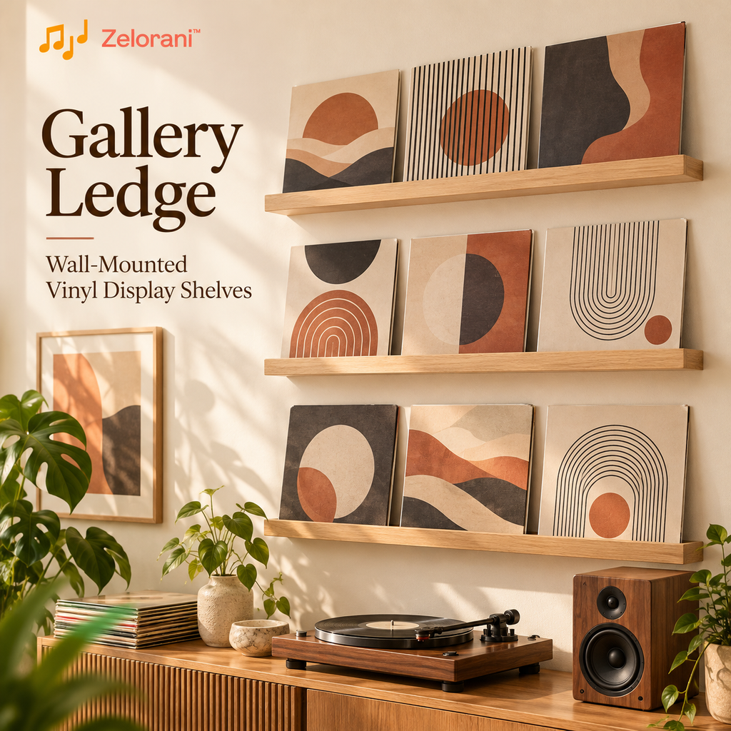 Zelorani™ Gallery Ledge – Minimalist Wall-Mounted Vinyl Record Display Shelves, Floating LP Album Holders for Modern Music Room Decor