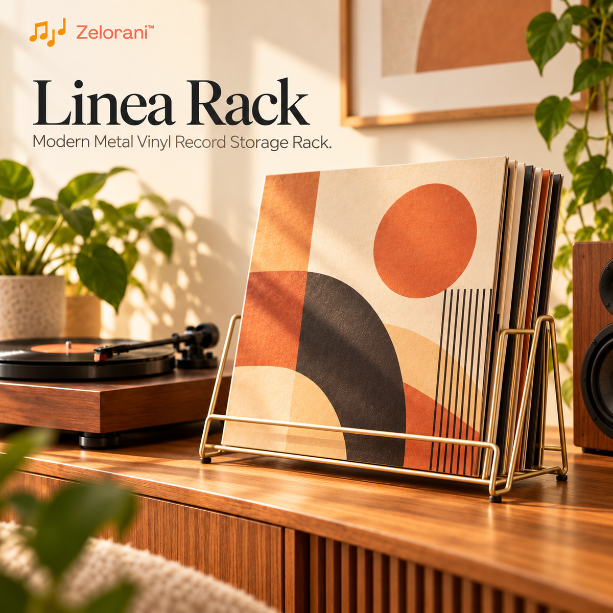 Zelorani™ Linea Rack – Modern Metal Vinyl Record Storage Rack, Minimalist Desktop LP Album Holder & Decorative Music Organizer
