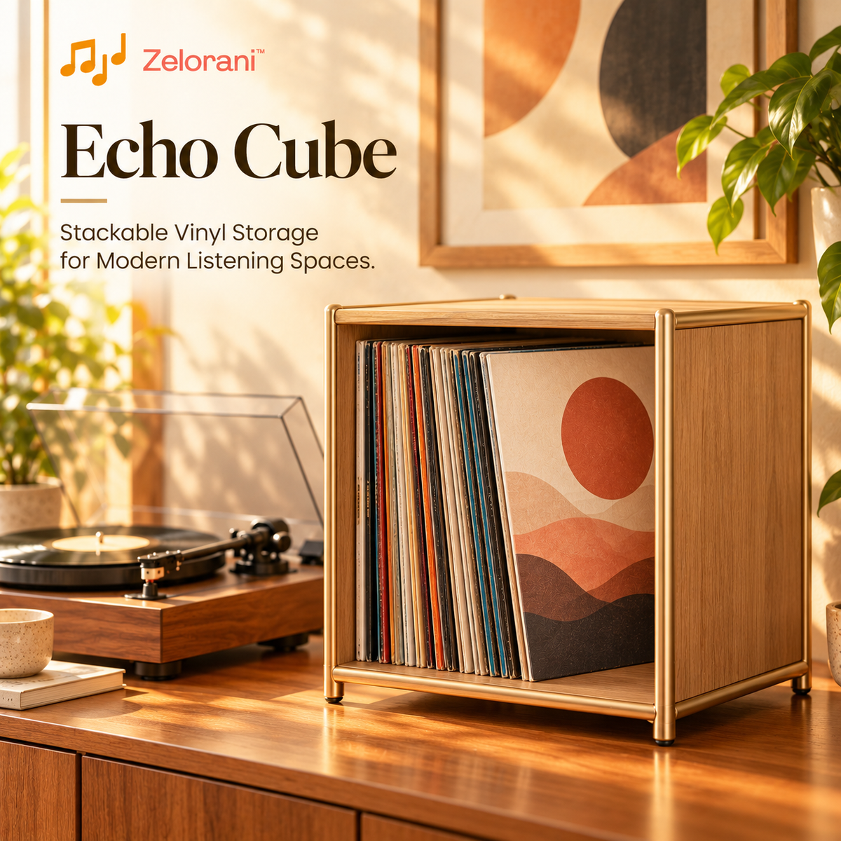 Zelorani™ Echo Cube – Stackable Vinyl Record Storage Cube, Modern Modular LP Album Organizer for Living Rooms & Listening Spaces