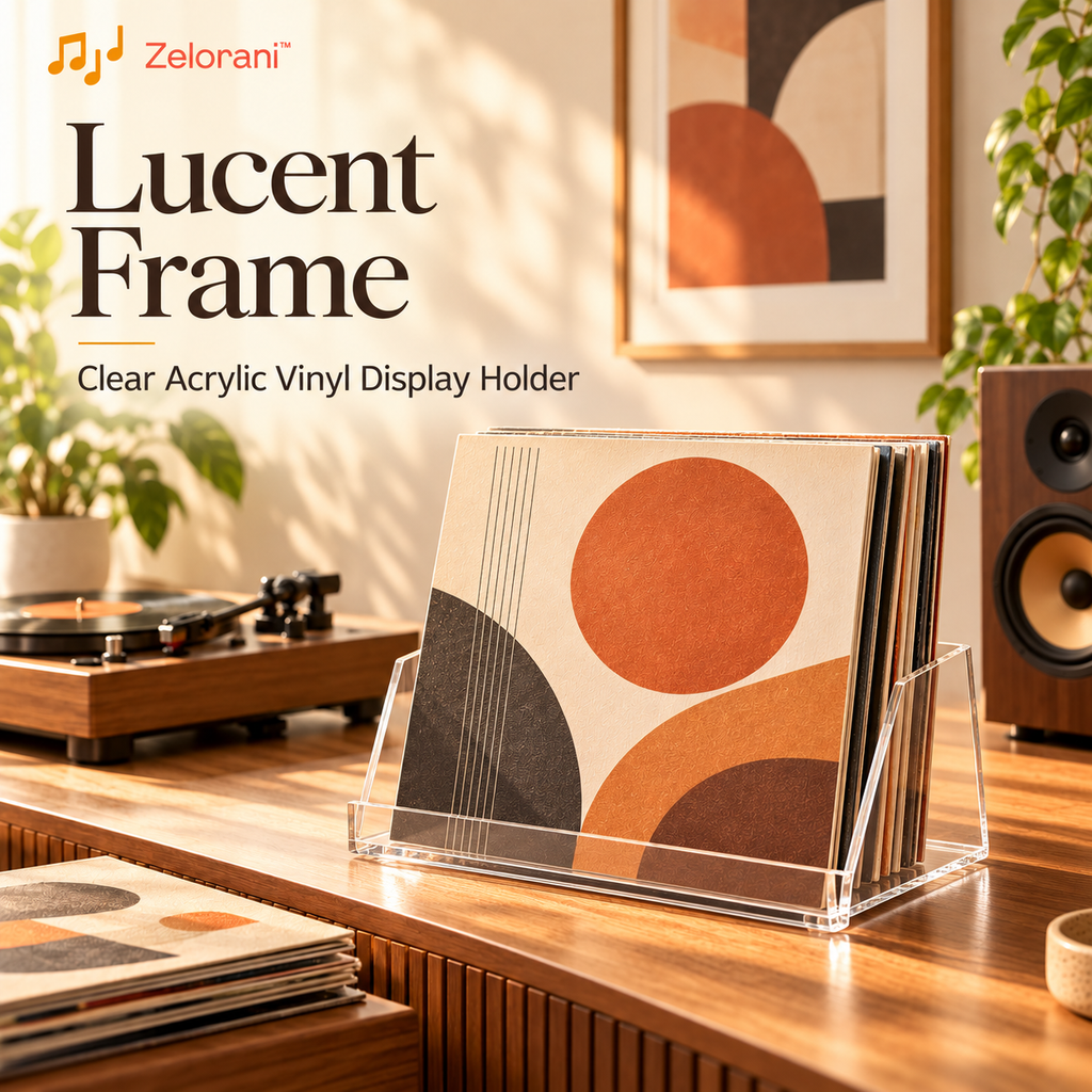 Zelorani™ Lucent Frame – Clear Acrylic Vinyl Record Display Holder, Modern Transparent LP Album Stand for Shelves & Home Decor