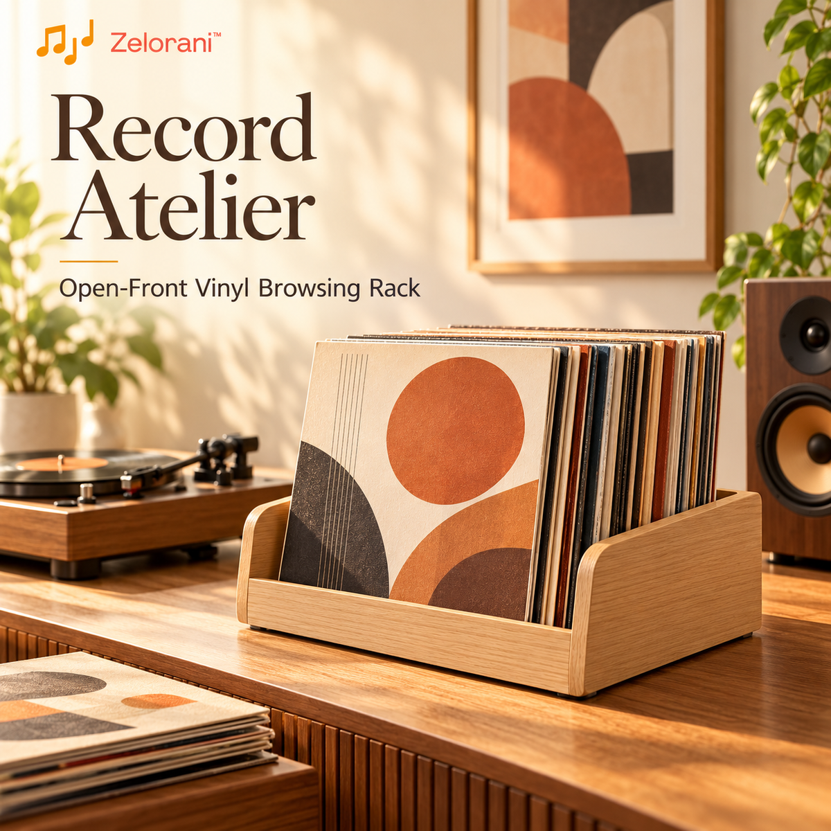 Zelorani™ Record Atelier – Premium Desktop Vinyl Record Organizer, Open-Front LP Album Browsing Rack for Stylish Music Collections