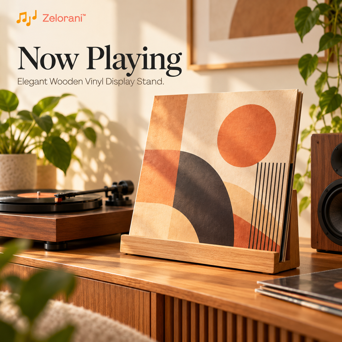 Zelorani™ Now Playing – Elegant Wooden Vinyl Record Display Stand, Minimalist Album Cover Holder for Turntables & Listening Rooms