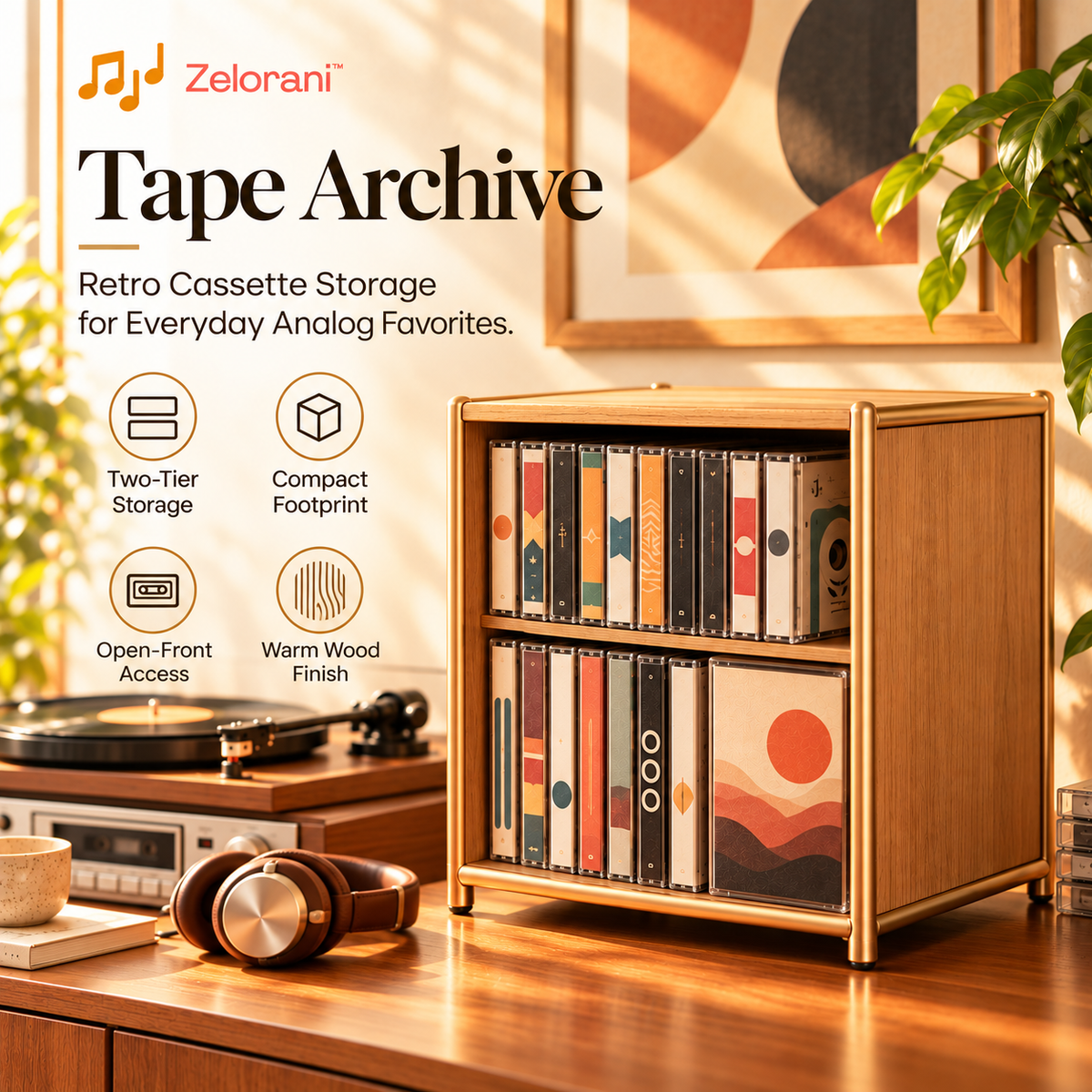 Zelorani™ Tape Archive – Retro Wooden Cassette Tape Storage Box, Minimalist Audio Tape Organizer for Vintage Music Collections