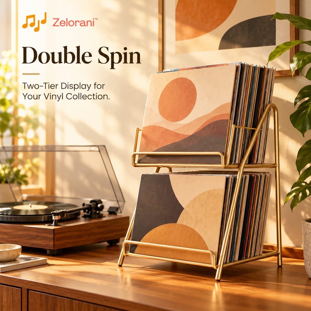 Zelorani™ Double Spin – Two-Tier Vinyl Record Storage Stand, Minimalist Metal LP Album Display Rack for Home Music Collections