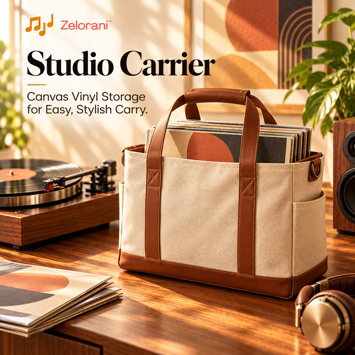 Zelorani™ Studio Carrier – Vintage-Inspired Canvas Vinyl Record Tote Bag, Stylish LP Album Carrying Case for Music Collectors