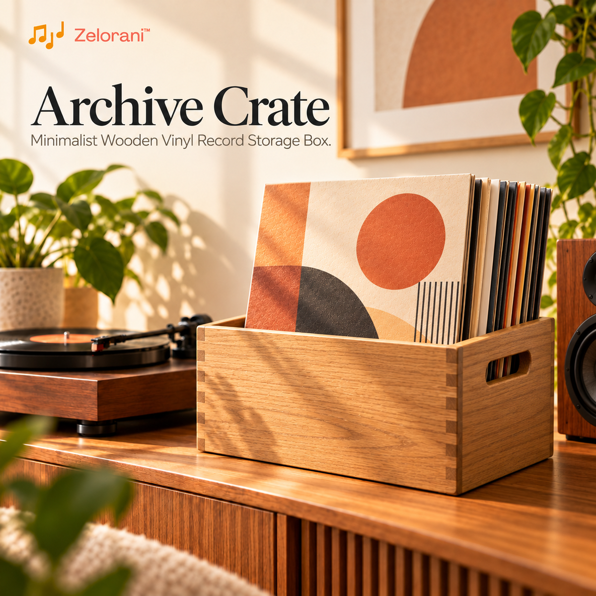 Zelorani™ Archive Crate – Minimalist Wooden Vinyl Record Storage Box, Open-Top LP Album Organizer for Modern Living Rooms & Music Collections