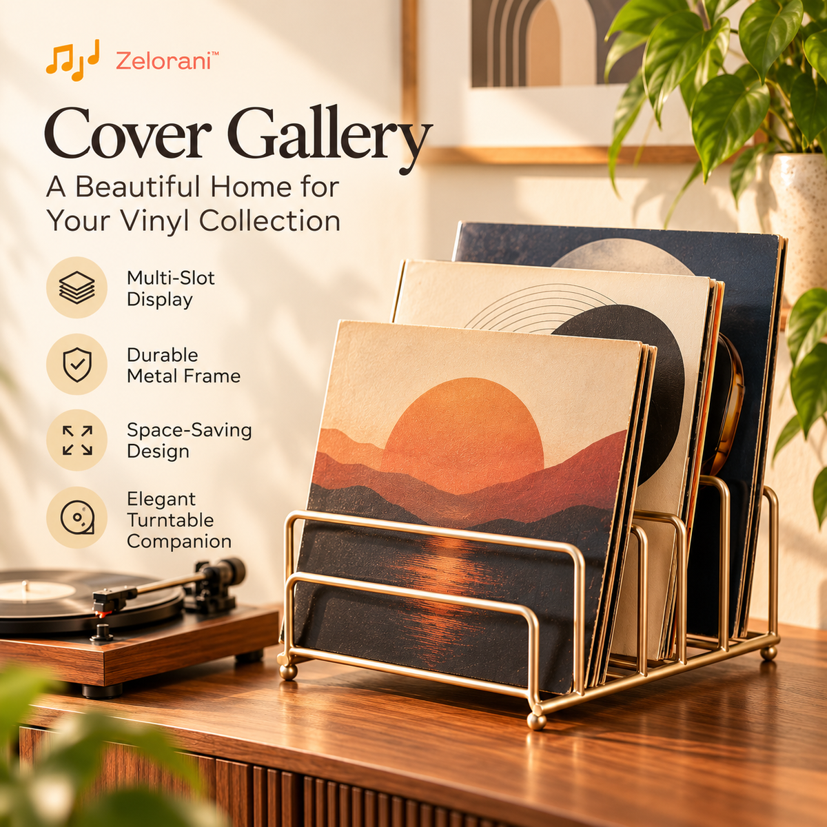 Zelorani™ Cover Gallery – Modern Multi-Slot Vinyl Record Display Stand, Minimalist Metal Album Cover Organizer for Turntable Corners