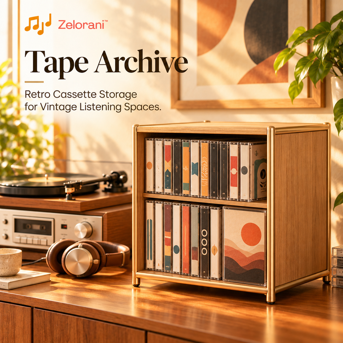 Zelorani™ Tape Archive – Retro Wooden Cassette Tape Storage Box, Minimalist Audio Tape Organizer for Vintage Music Collections