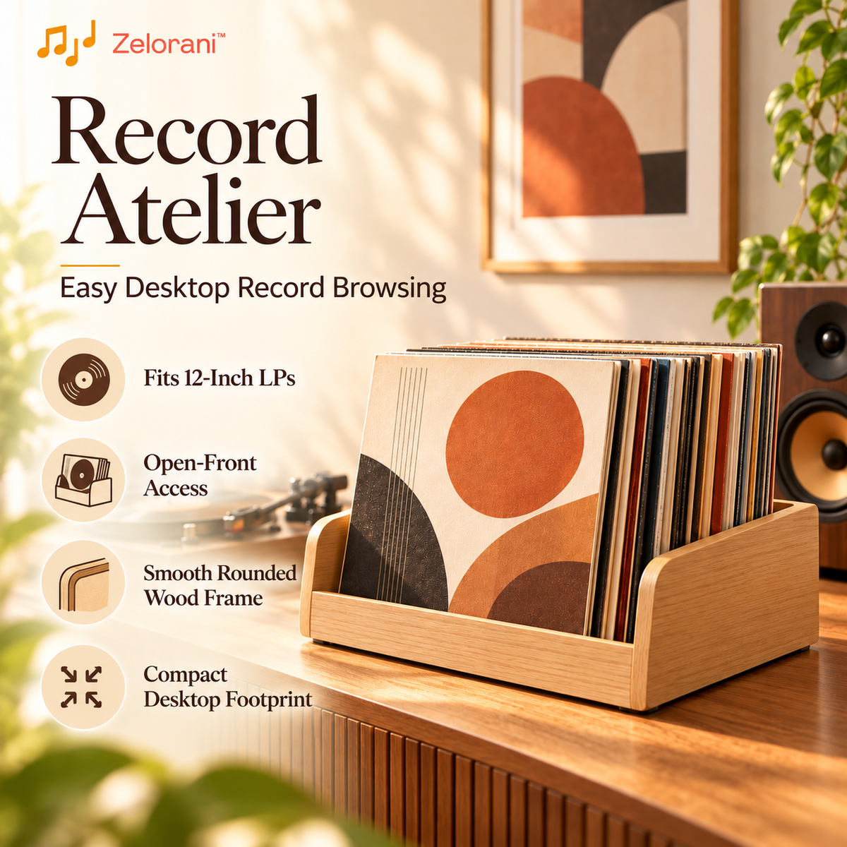 Zelorani™ Record Atelier – Premium Desktop Vinyl Record Organizer, Open-Front LP Album Browsing Rack for Stylish Music Collections