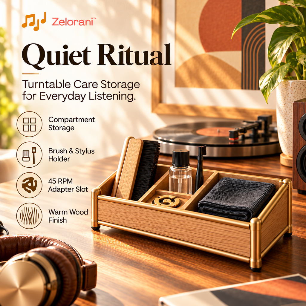 Zelorani™ Quiet Ritual – Minimalist Wooden Turntable Accessory Organizer Tray, Record Cleaning Brush & Stylus Care Storage Holder