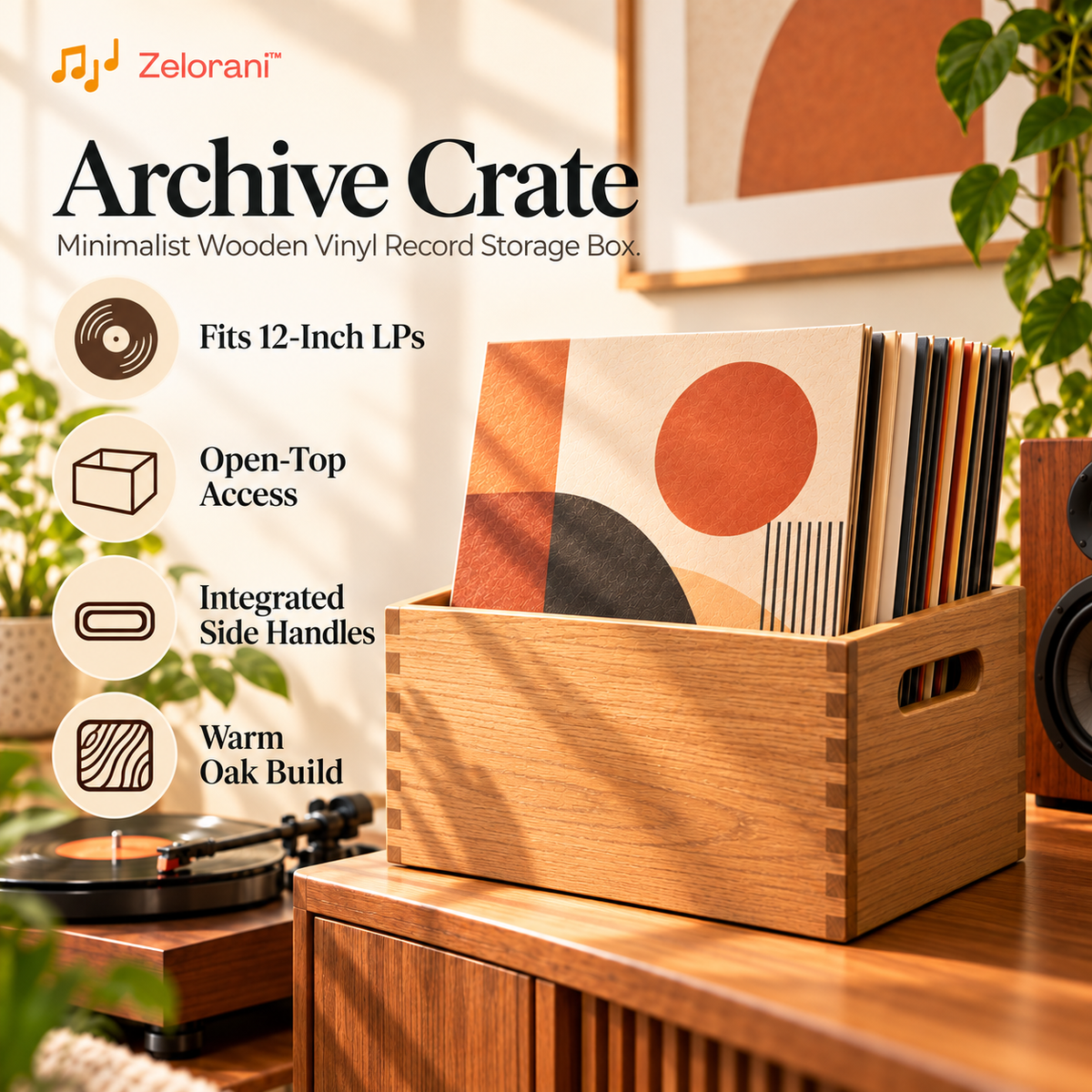 Zelorani™ Archive Crate – Minimalist Wooden Vinyl Record Storage Box, Open-Top LP Album Organizer for Modern Living Rooms & Music Collections