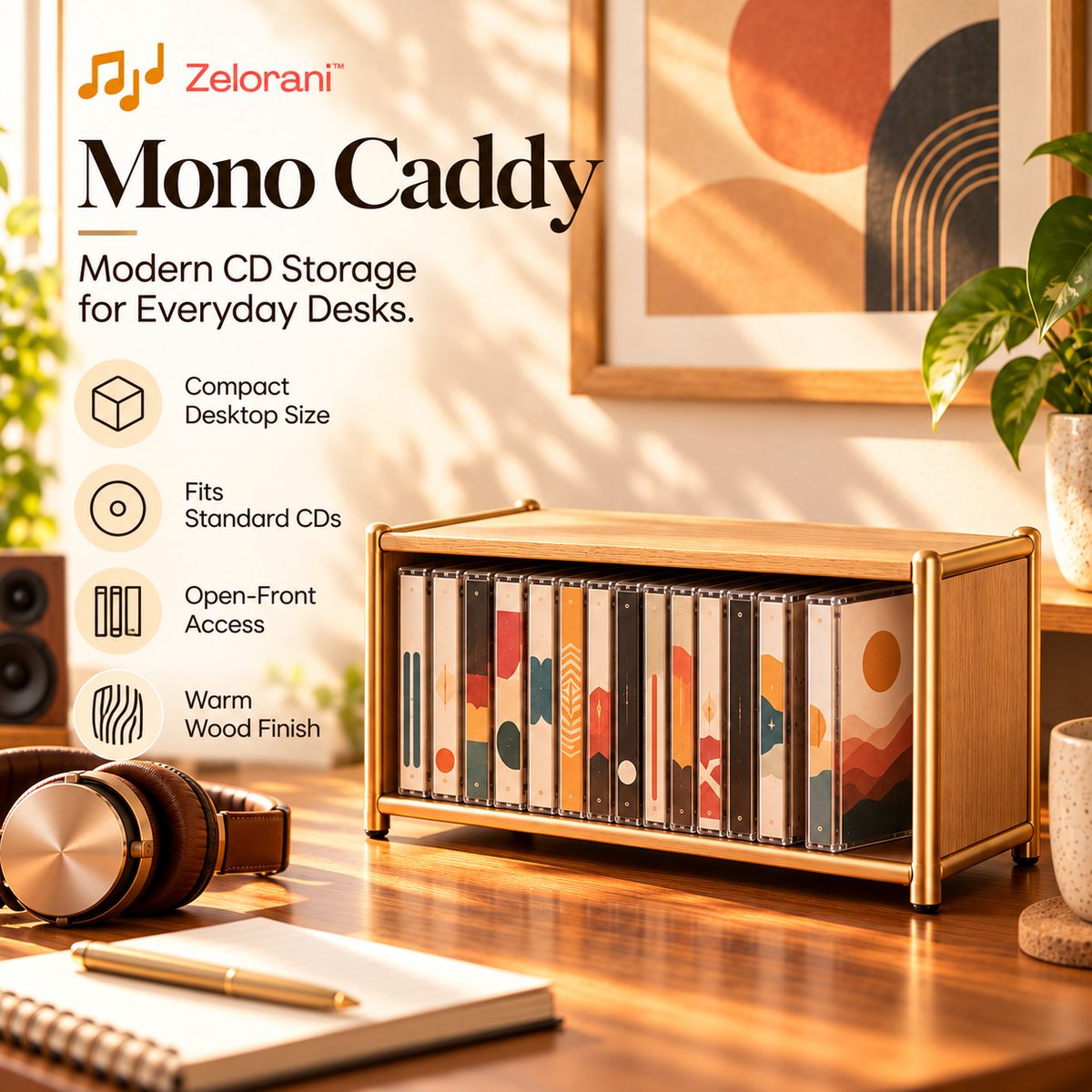 Zelorani™ Mono Caddy – Modern Minimalist CD Storage Rack, Compact Desktop Music Disc Organizer for Shelves & Home Offices