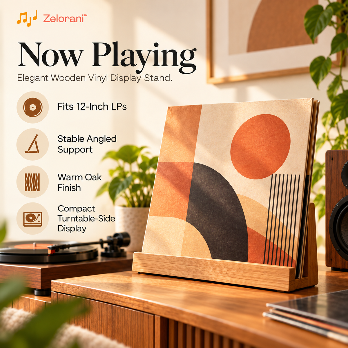 Zelorani™ Now Playing – Elegant Wooden Vinyl Record Display Stand, Minimalist Album Cover Holder for Turntables & Listening Rooms