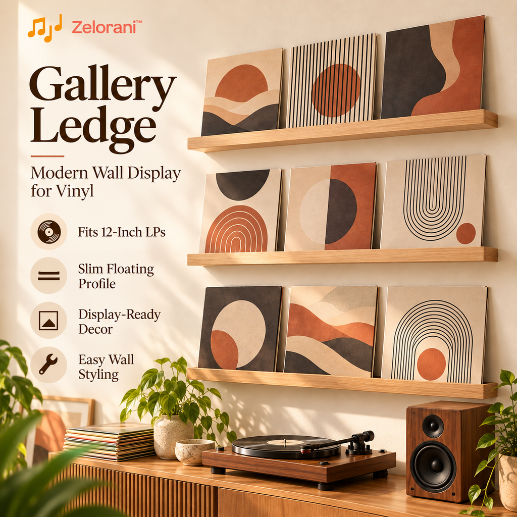 Zelorani™ Gallery Ledge – Minimalist Wall-Mounted Vinyl Record Display Shelves, Floating LP Album Holders for Modern Music Room Decor