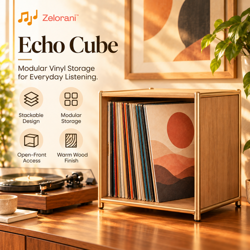 Zelorani™ Echo Cube – Stackable Vinyl Record Storage Cube, Modern Modular LP Album Organizer for Living Rooms & Listening Spaces