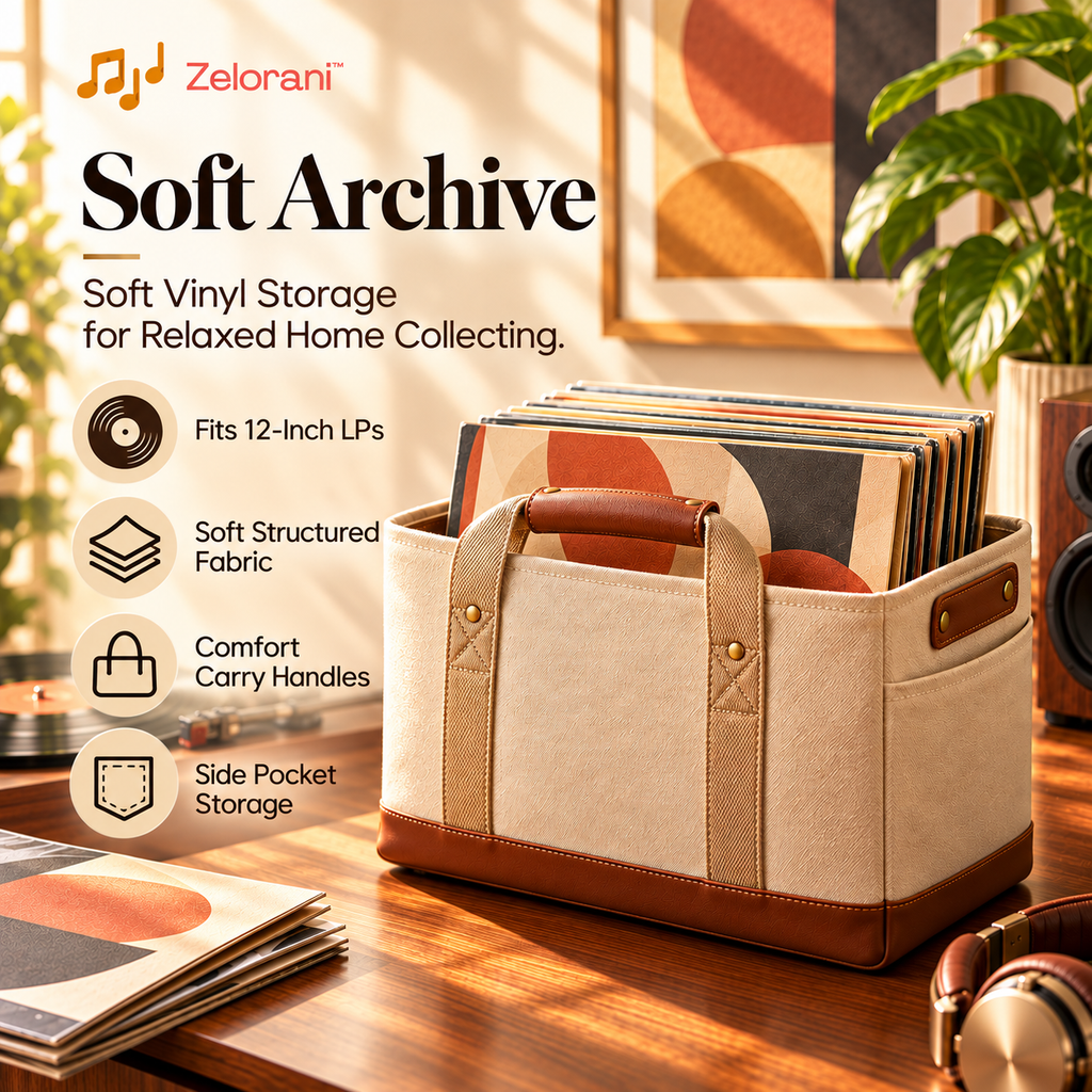 Zelorani™ Soft Archive – Premium Fabric Vinyl Record Storage Basket, Minimalist LP Album Organizer with Carry Handles for Home Collections