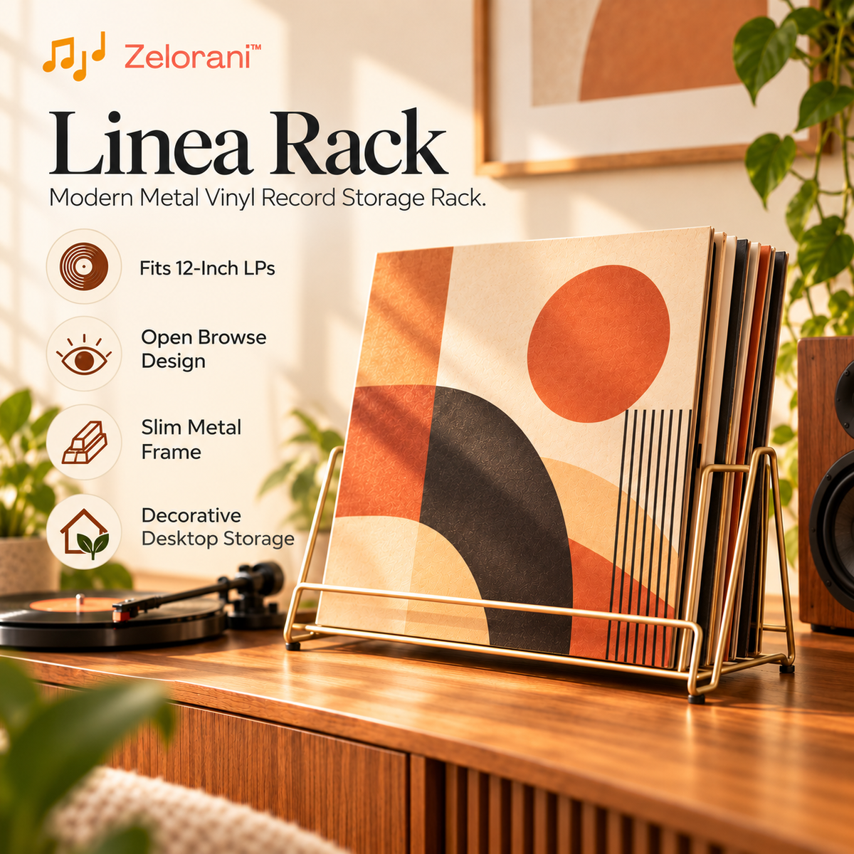 Zelorani™ Linea Rack – Modern Metal Vinyl Record Storage Rack, Minimalist Desktop LP Album Holder & Decorative Music Organizer