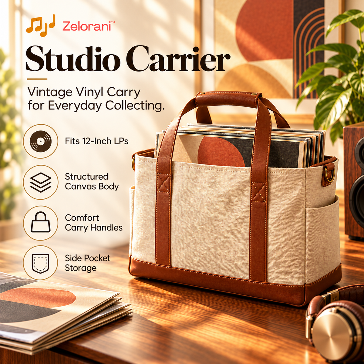Zelorani™ Studio Carrier – Vintage-Inspired Canvas Vinyl Record Tote Bag, Stylish LP Album Carrying Case for Music Collectors