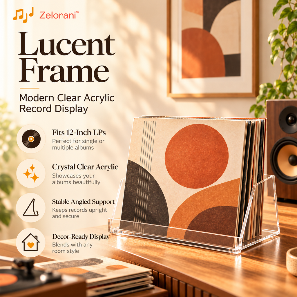 Zelorani™ Lucent Frame – Clear Acrylic Vinyl Record Display Holder, Modern Transparent LP Album Stand for Shelves & Home Decor