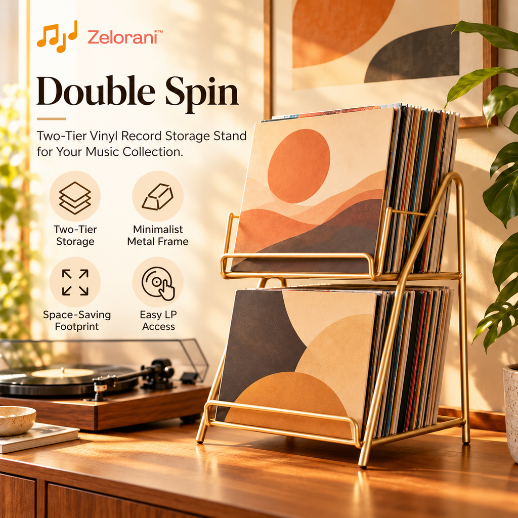 Zelorani™ Double Spin – Two-Tier Vinyl Record Storage Stand, Minimalist Metal LP Album Display Rack for Home Music Collections