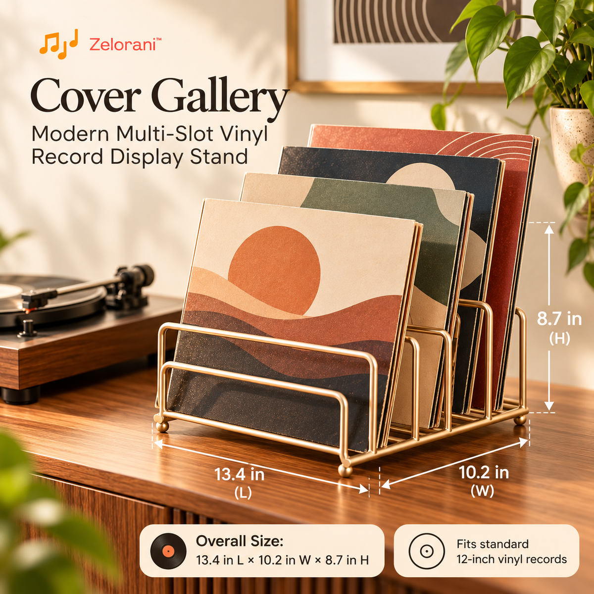 Zelorani™ Cover Gallery – Modern Multi-Slot Vinyl Record Display Stand, Minimalist Metal Album Cover Organizer for Turntable Corners