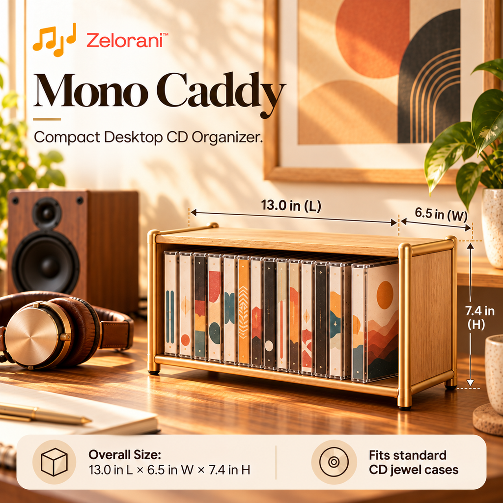 Zelorani™ Mono Caddy – Modern Minimalist CD Storage Rack, Compact Desktop Music Disc Organizer for Shelves & Home Offices