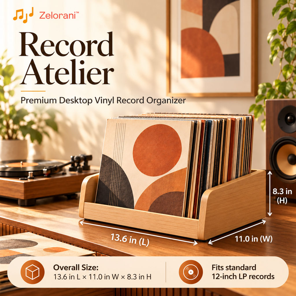 Zelorani™ Record Atelier – Premium Desktop Vinyl Record Organizer, Open-Front LP Album Browsing Rack for Stylish Music Collections