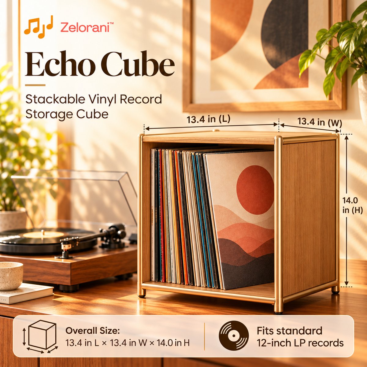 Zelorani™ Echo Cube – Stackable Vinyl Record Storage Cube, Modern Modular LP Album Organizer for Living Rooms & Listening Spaces
