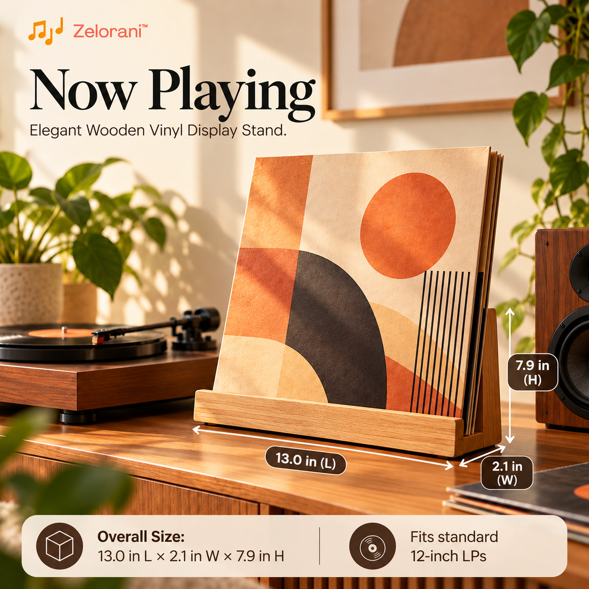 Zelorani™ Now Playing – Elegant Wooden Vinyl Record Display Stand, Minimalist Album Cover Holder for Turntables & Listening Rooms