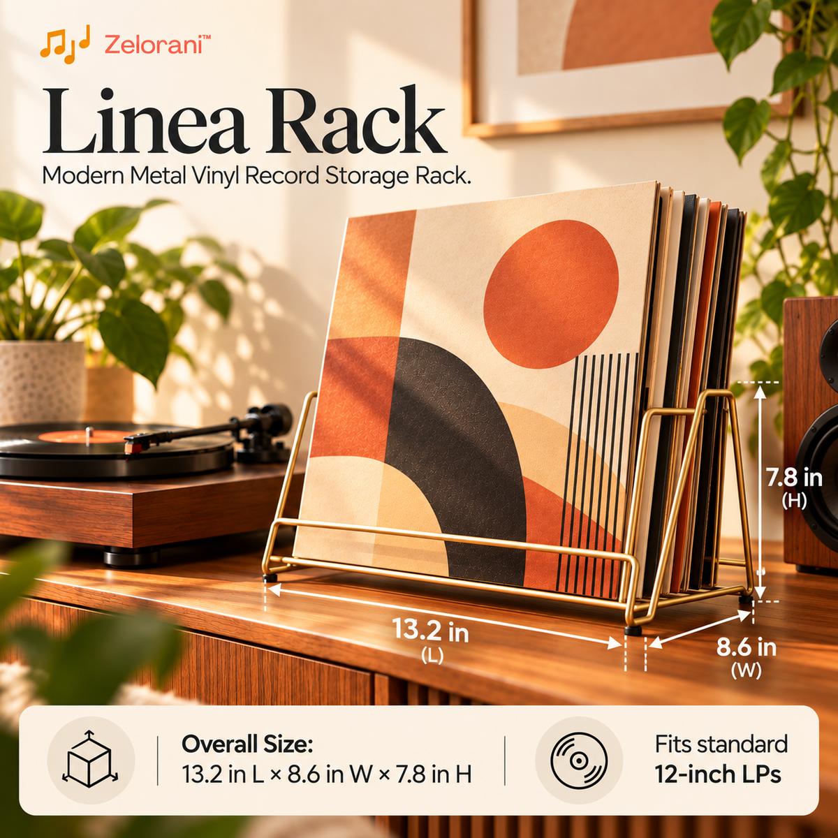 Zelorani™ Linea Rack – Modern Metal Vinyl Record Storage Rack, Minimalist Desktop LP Album Holder & Decorative Music Organizer