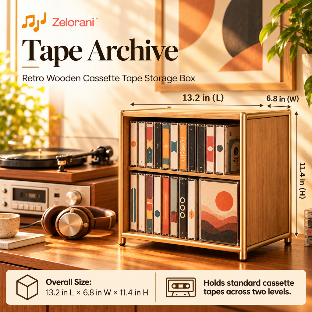 Zelorani™ Tape Archive – Retro Wooden Cassette Tape Storage Box, Minimalist Audio Tape Organizer for Vintage Music Collections