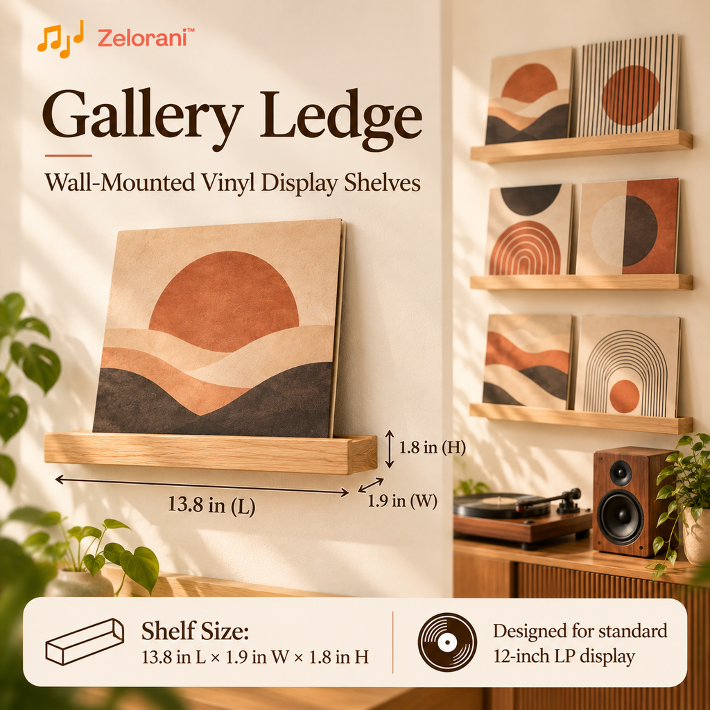 Zelorani™ Gallery Ledge – Minimalist Wall-Mounted Vinyl Record Display Shelves, Floating LP Album Holders for Modern Music Room Decor