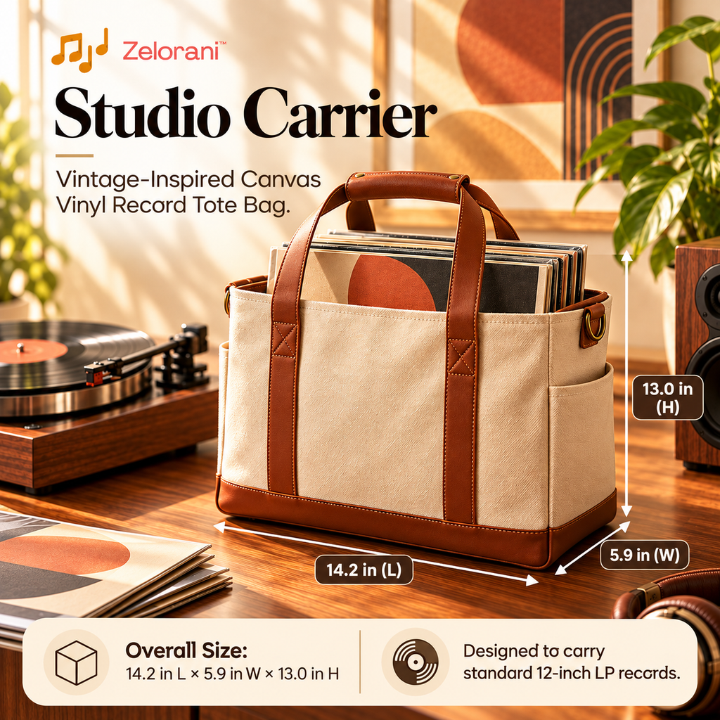 Zelorani™ Studio Carrier – Vintage-Inspired Canvas Vinyl Record Tote Bag, Stylish LP Album Carrying Case for Music Collectors