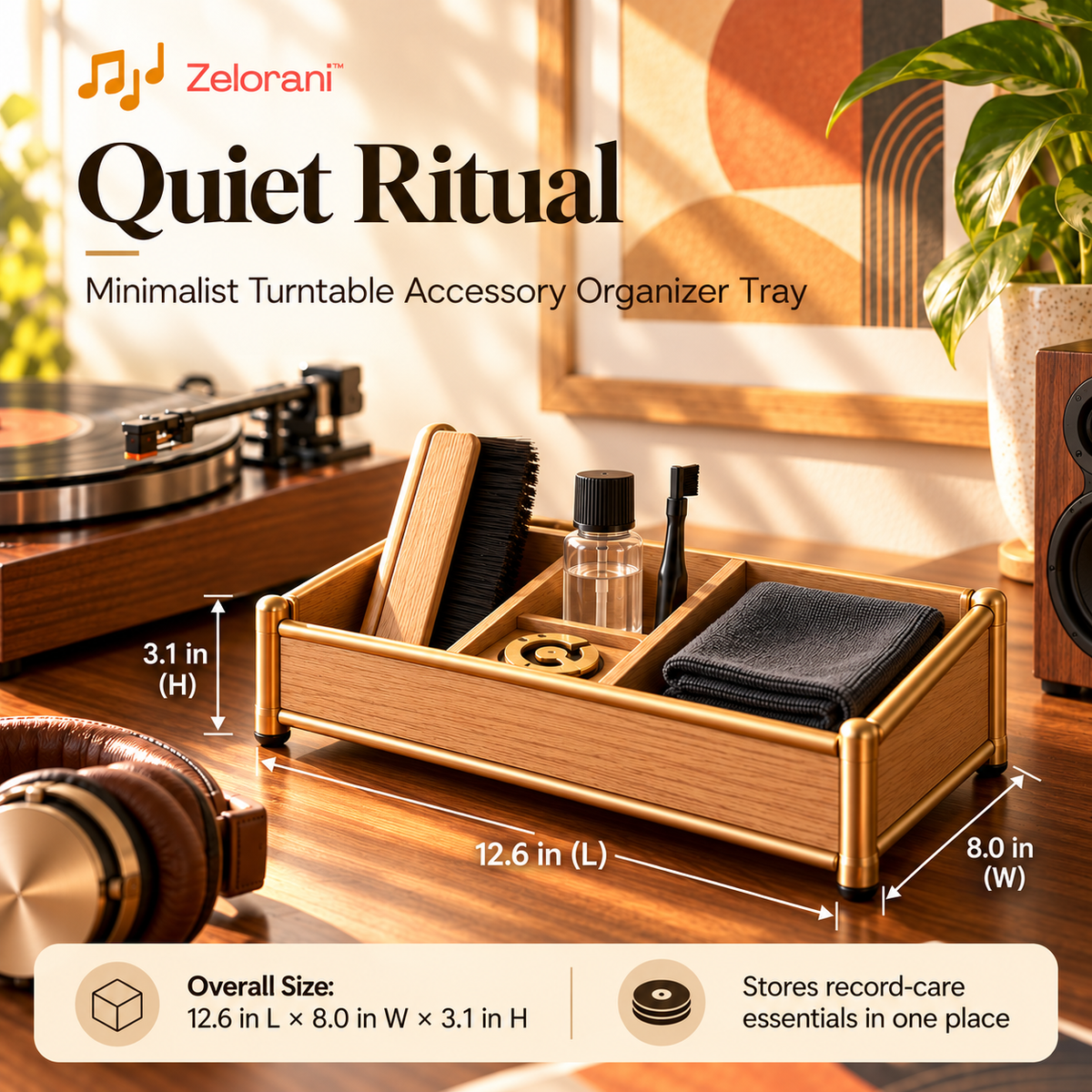 Zelorani™ Quiet Ritual – Minimalist Wooden Turntable Accessory Organizer Tray, Record Cleaning Brush & Stylus Care Storage Holder