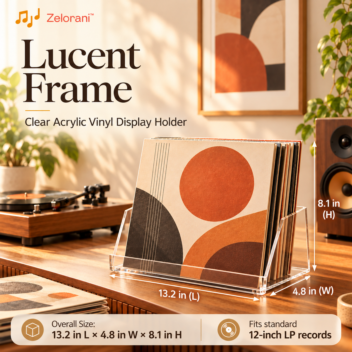 Zelorani™ Lucent Frame – Clear Acrylic Vinyl Record Display Holder, Modern Transparent LP Album Stand for Shelves & Home Decor