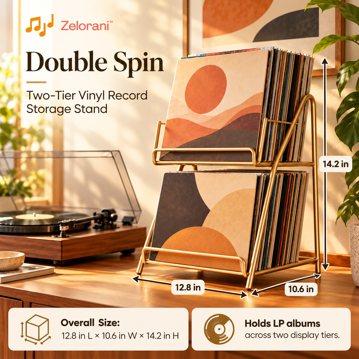 Zelorani™ Double Spin – Two-Tier Vinyl Record Storage Stand, Minimalist Metal LP Album Display Rack for Home Music Collections