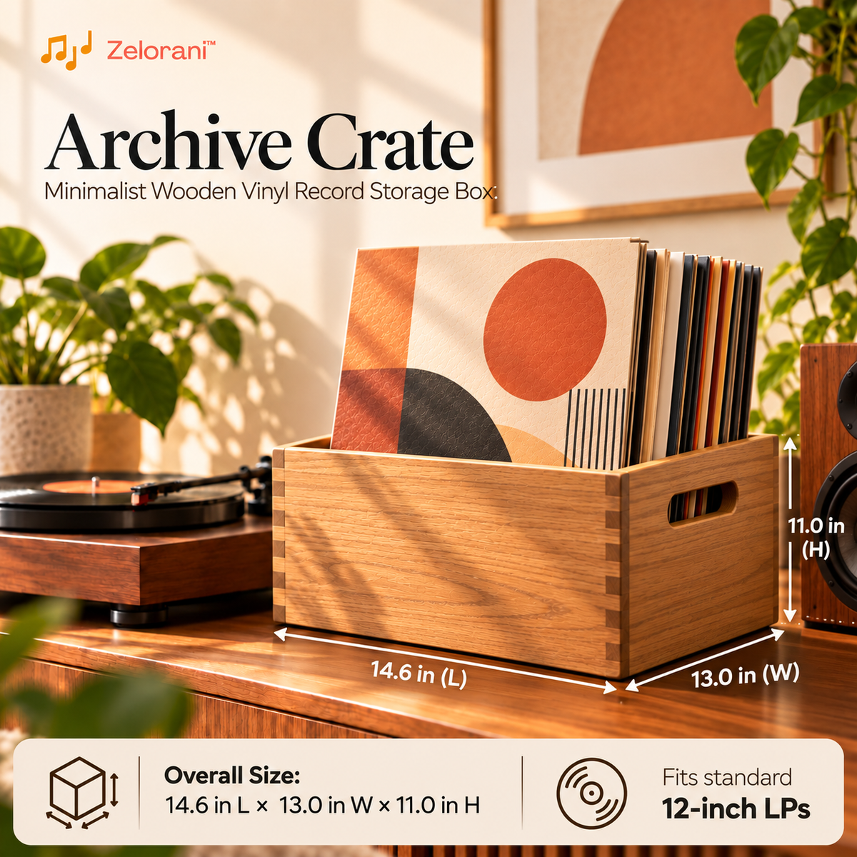 Zelorani™ Archive Crate – Minimalist Wooden Vinyl Record Storage Box, Open-Top LP Album Organizer for Modern Living Rooms & Music Collections
