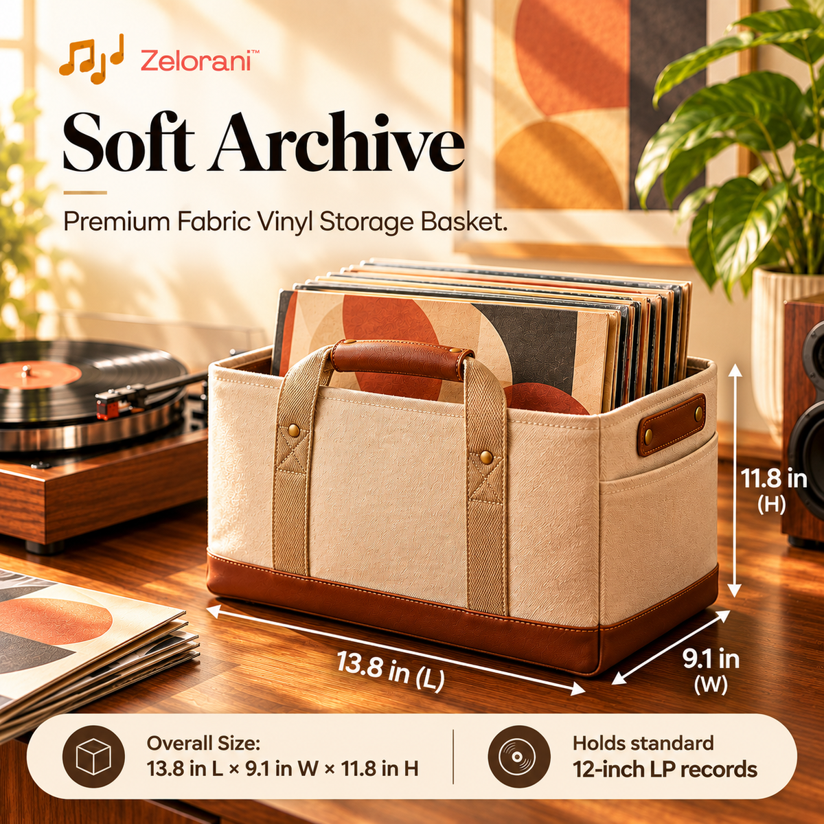 Zelorani™ Soft Archive – Premium Fabric Vinyl Record Storage Basket, Minimalist LP Album Organizer with Carry Handles for Home Collections