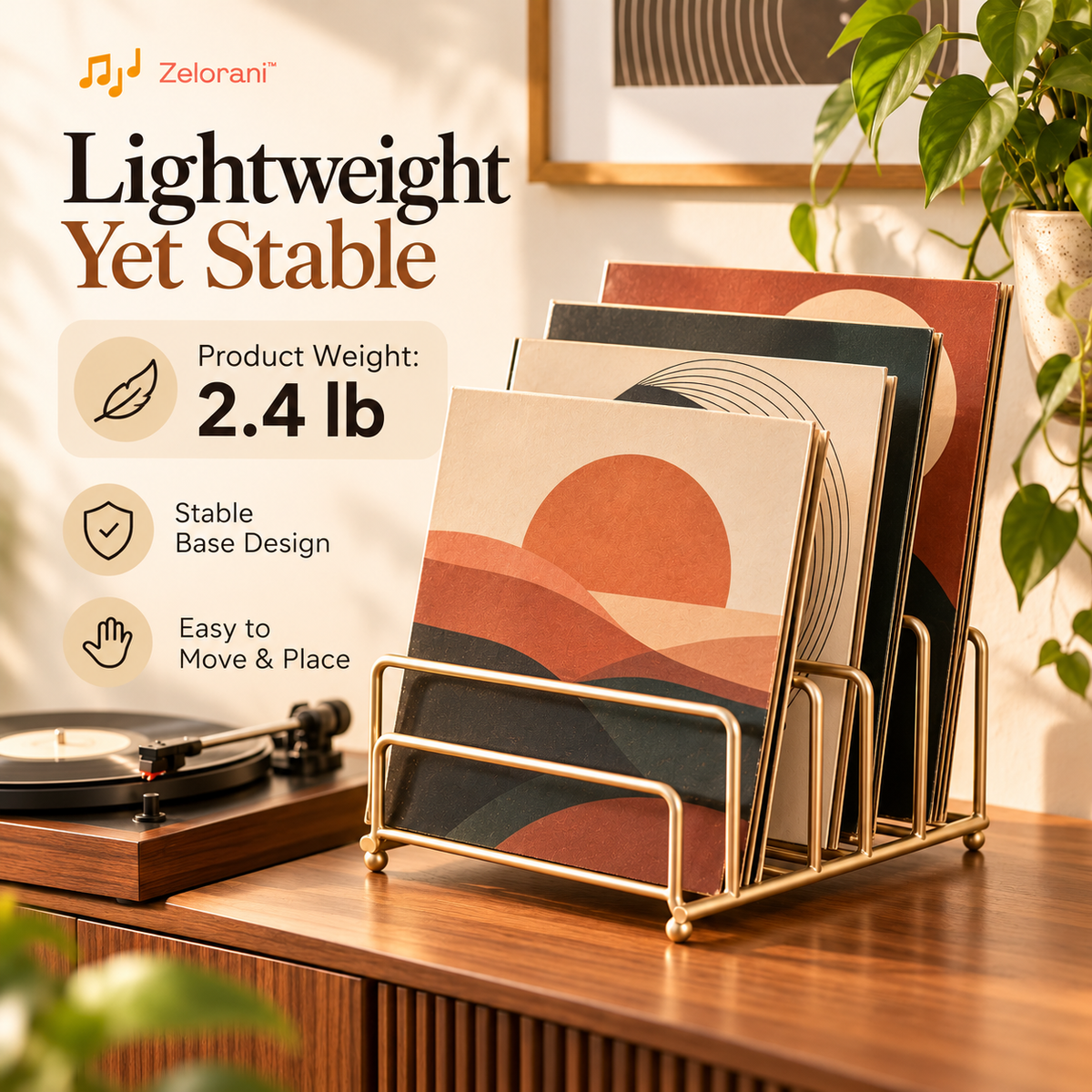 Zelorani™ Cover Gallery – Modern Multi-Slot Vinyl Record Display Stand, Minimalist Metal Album Cover Organizer for Turntable Corners