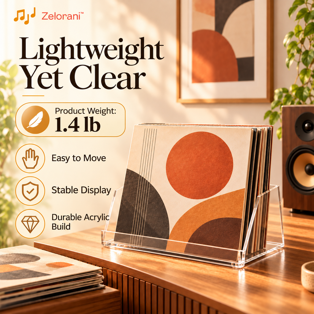 Zelorani™ Lucent Frame – Clear Acrylic Vinyl Record Display Holder, Modern Transparent LP Album Stand for Shelves & Home Decor
