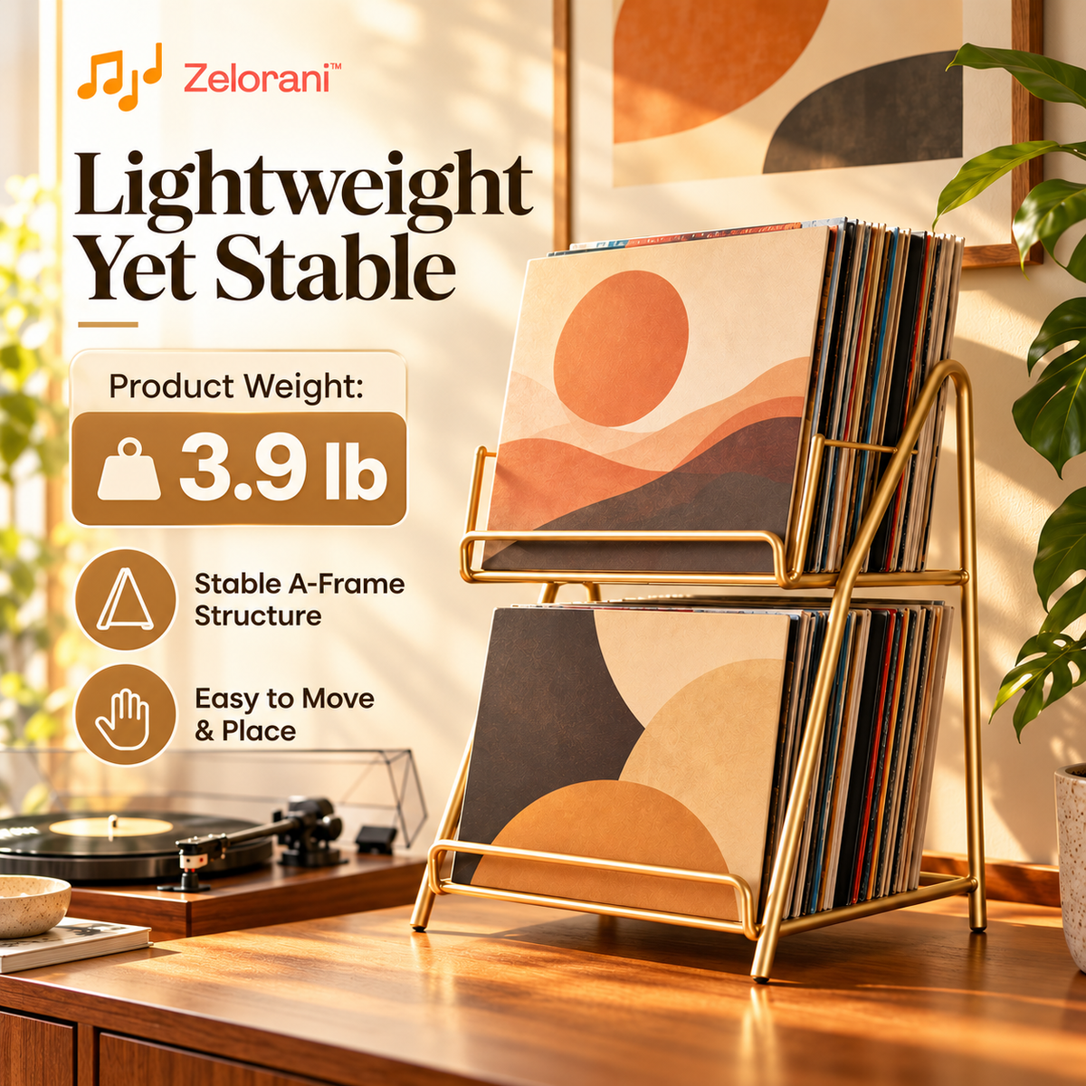 Zelorani™ Double Spin – Two-Tier Vinyl Record Storage Stand, Minimalist Metal LP Album Display Rack for Home Music Collections