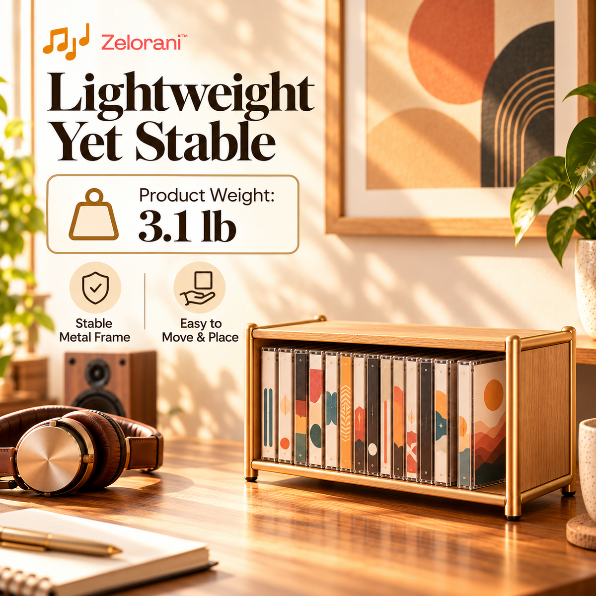 Zelorani™ Mono Caddy – Modern Minimalist CD Storage Rack, Compact Desktop Music Disc Organizer for Shelves & Home Offices