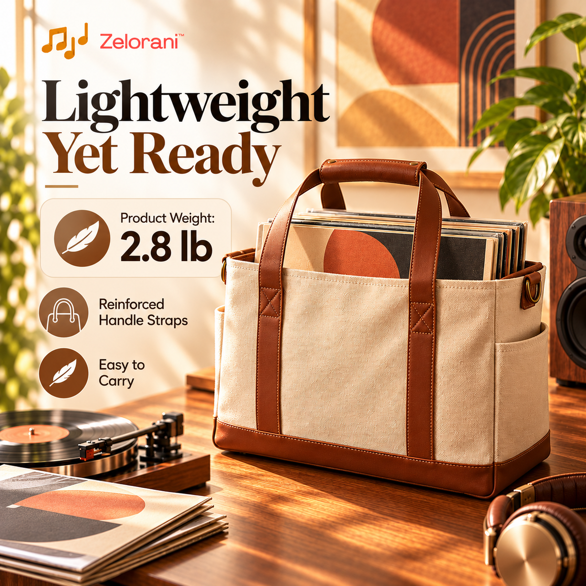 Zelorani™ Studio Carrier – Vintage-Inspired Canvas Vinyl Record Tote Bag, Stylish LP Album Carrying Case for Music Collectors