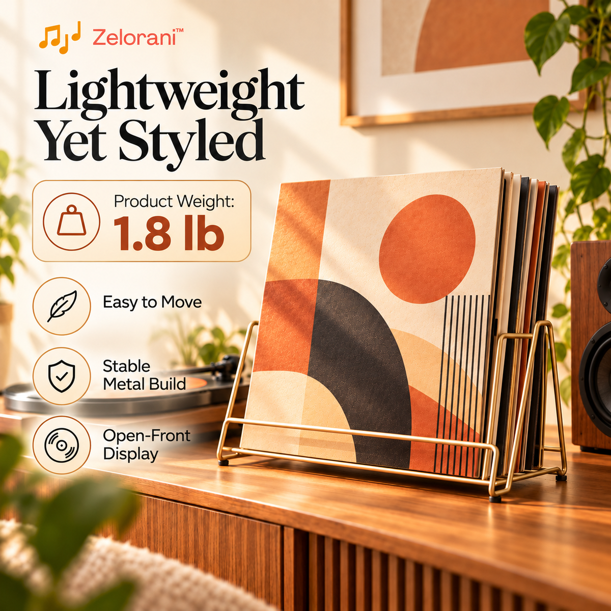 Zelorani™ Linea Rack – Modern Metal Vinyl Record Storage Rack, Minimalist Desktop LP Album Holder & Decorative Music Organizer
