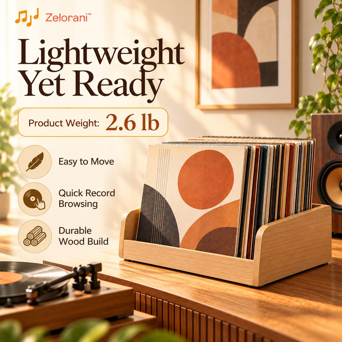 Zelorani™ Record Atelier – Premium Desktop Vinyl Record Organizer, Open-Front LP Album Browsing Rack for Stylish Music Collections