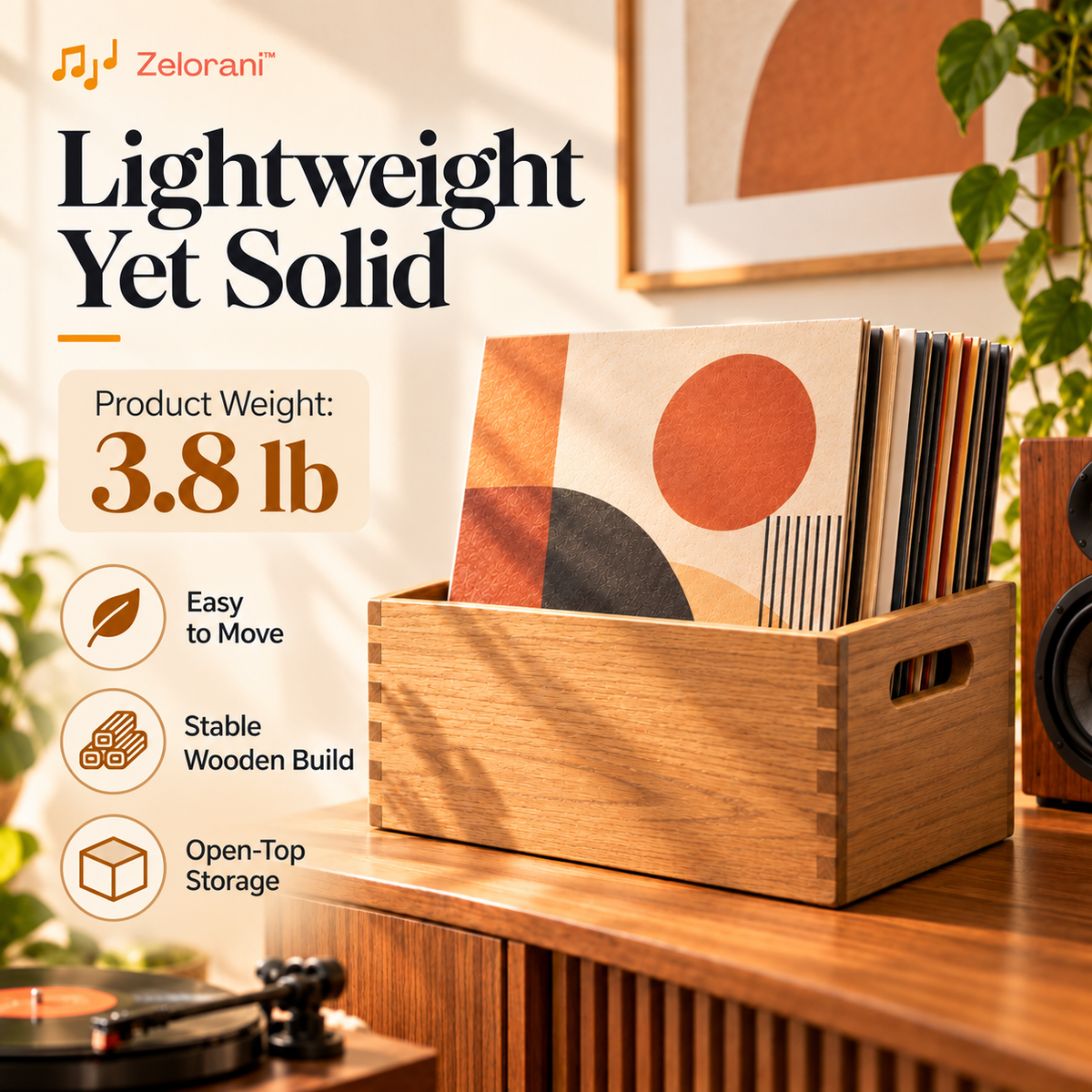 Zelorani™ Archive Crate – Minimalist Wooden Vinyl Record Storage Box, Open-Top LP Album Organizer for Modern Living Rooms & Music Collections