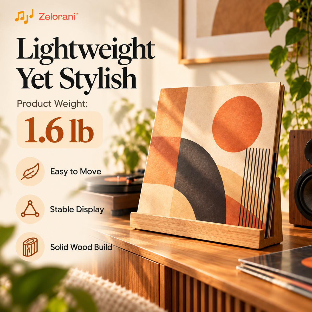 Zelorani™ Now Playing – Elegant Wooden Vinyl Record Display Stand, Minimalist Album Cover Holder for Turntables & Listening Rooms