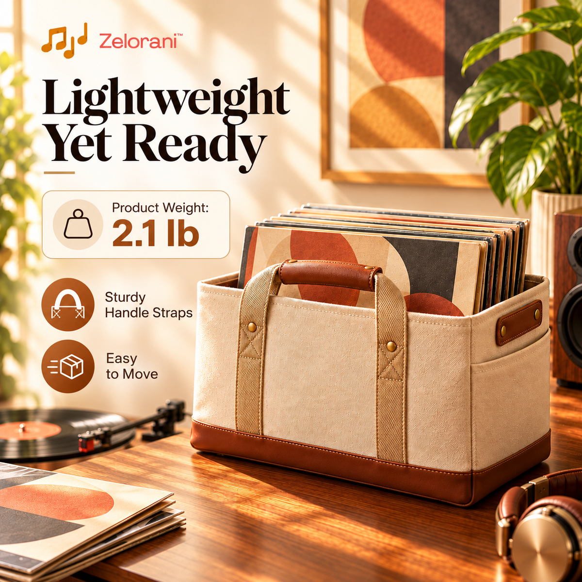 Zelorani™ Soft Archive – Premium Fabric Vinyl Record Storage Basket, Minimalist LP Album Organizer with Carry Handles for Home Collections