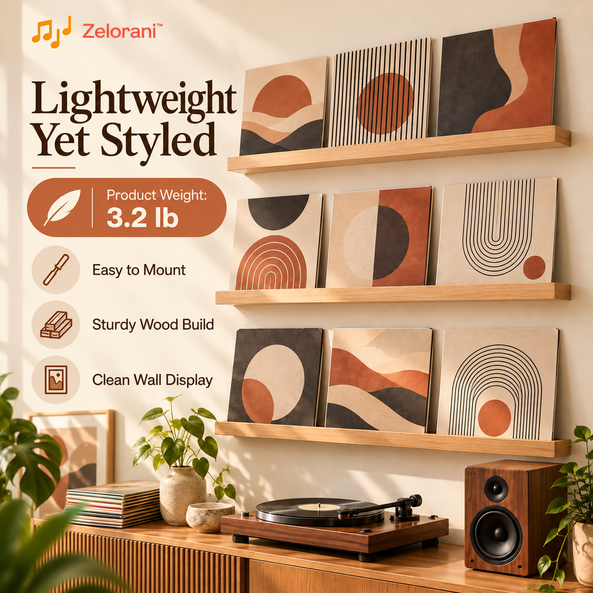 Zelorani™ Gallery Ledge – Minimalist Wall-Mounted Vinyl Record Display Shelves, Floating LP Album Holders for Modern Music Room Decor